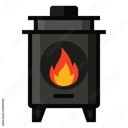 An black outline illustration of a stove with a fire inside on white background