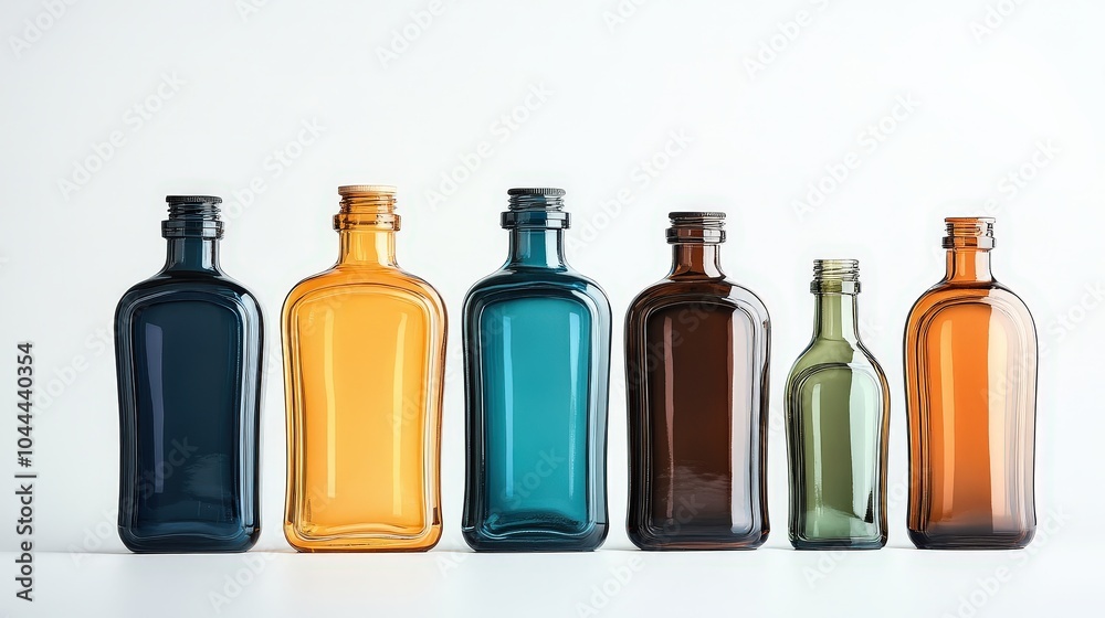 Variety of Colorful Glass Bottles Displayed on White Background Variety of Colorful Glass Bottles Displayed on White Background