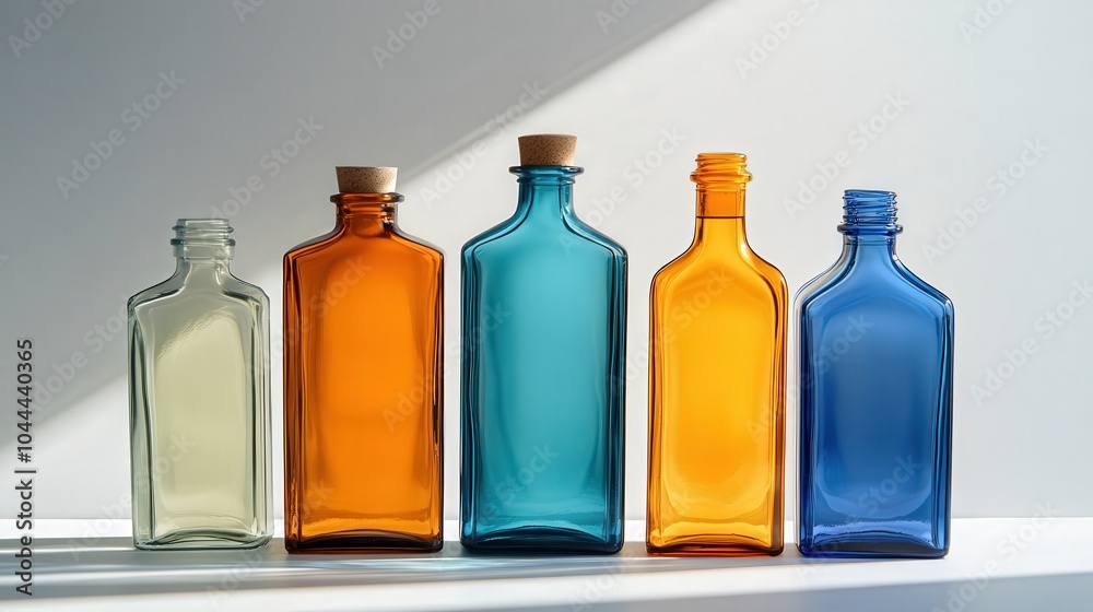 Colorful Glass Bottles on Bright Surface Colorful Glass Bottles on Bright Surface