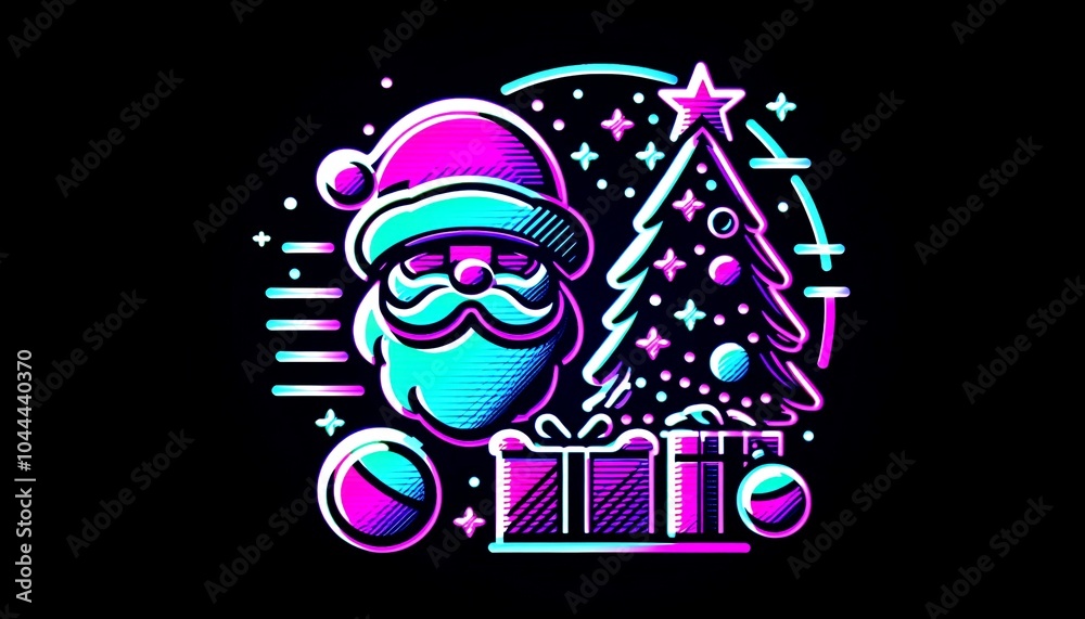 Merry Christmas illustration, retro style, 80s Merry Christmas illustration, retro style, 80s
