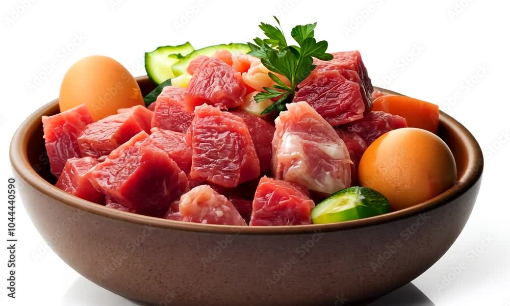 A bowl of raw meat cubes with eggs and cucumber, ready for cooking or preparation. A bowl of raw meat cubes with eggs and cucumber, ready for cooking or preparation.