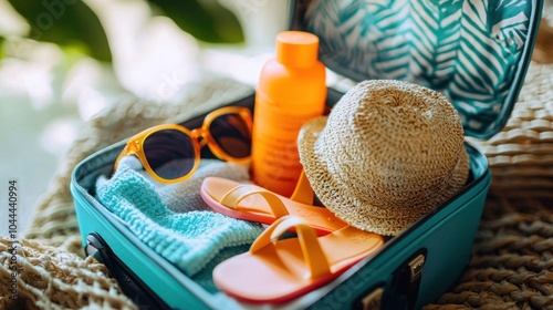 A suitcase filled with beach essentials like sunscreen, sunglasses, and flip-flops ready for a vacation. photo