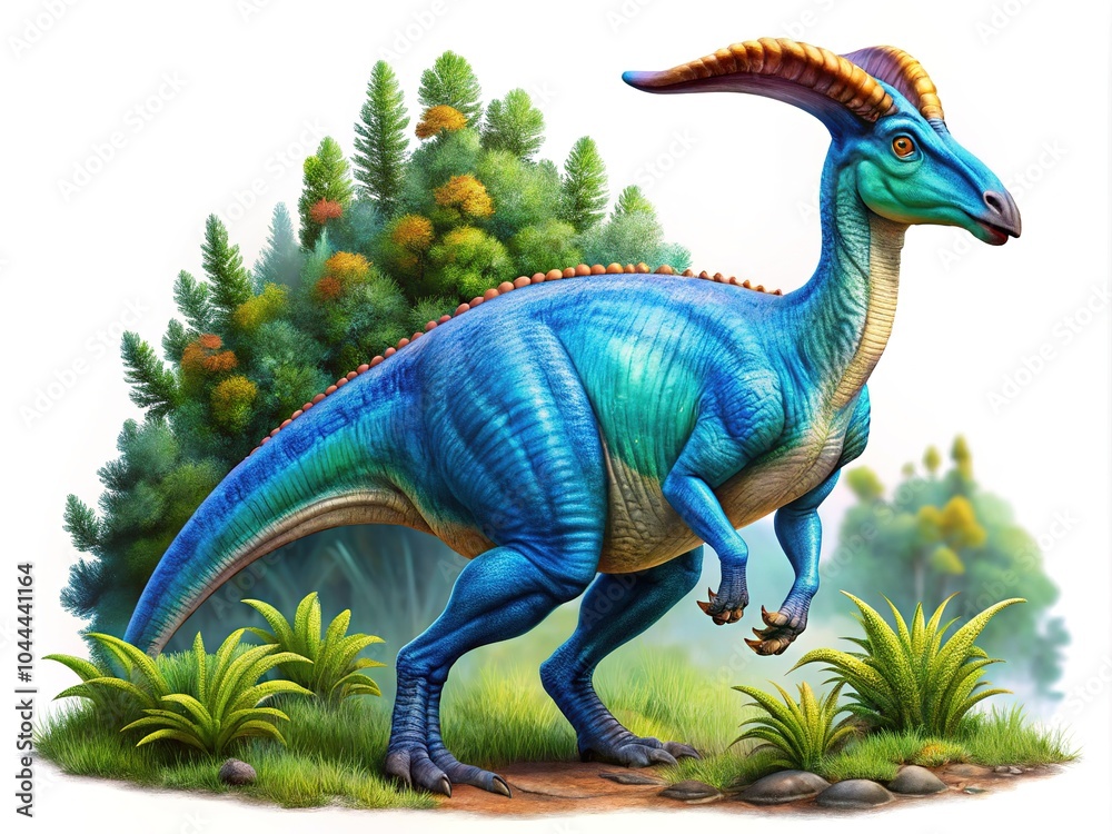 Obraz premium Stunning artwork featuring a Blue Parasaurolophus, bringing the vibrant herbivorous dinosaur to life. Ideal for nurturing a passion for nature and prehistoric wonders.