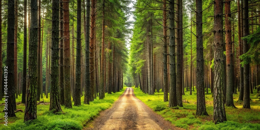 Fototapeta premium Serene pathway through pine forest, tranquil wilderness scene