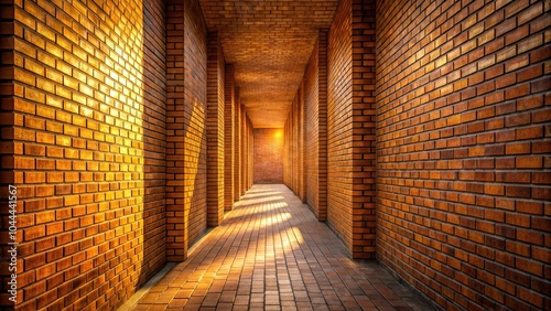 Serene passageway with warm light casting shadows on brick wall