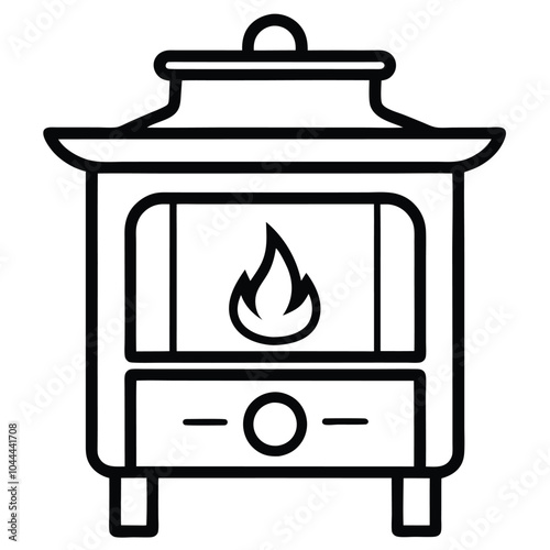 An black outline illustration of a stove with a fire inside on white background