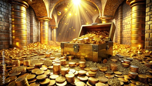 Luxurious room filled with golden treasure, precious gems, and shiny coins, wealth, opulence, riches, fortune, abundance photo