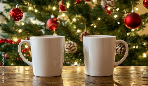 A whimsical holiday scene showcasing two white mugs placed on a rustic table, with a beautifully decorated Christmas tree behind them