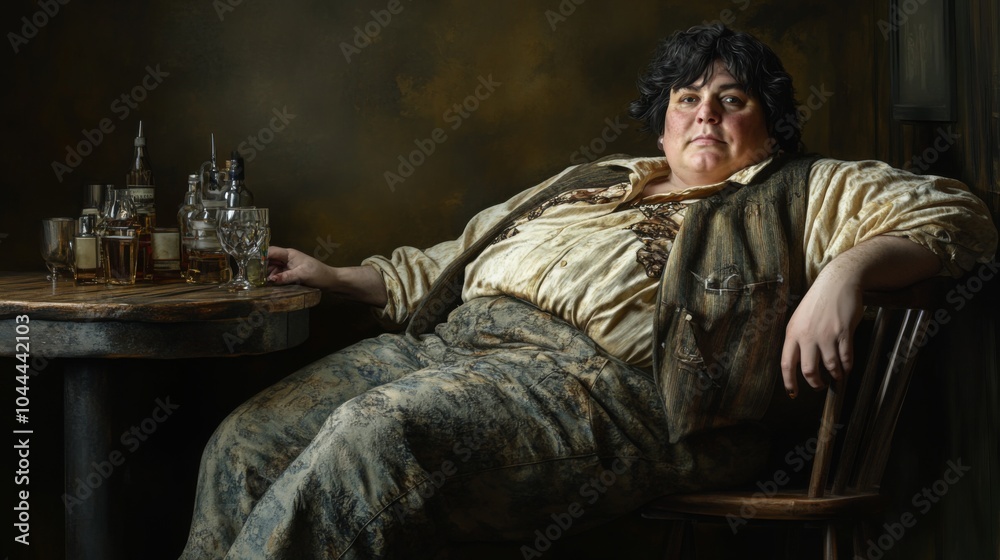 Obraz premium A Plump Man in a Brown Vest Leans Back in a Chair, Holding a Glass of Alcohol
