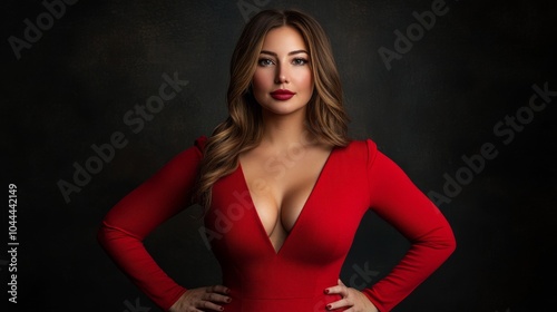 A woman in a red dress poses with confidence,  her hands on her hips.