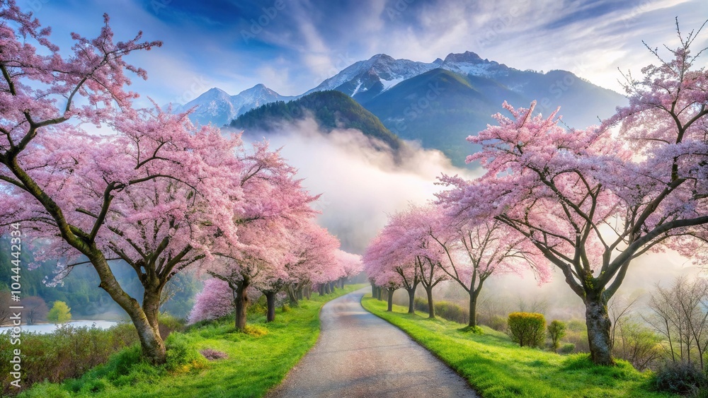Serene pathway under cherry trees with mountains in mist Serene pathway under cherry trees with mountains in mist
