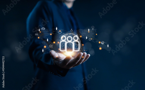 Businessman showing concept of human resources, employees, employment, management, training, HR, technology, business leadership concept, consulting, customer concept, digital service.