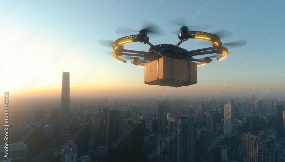 A drone carrying a cargo box flies over an urban city skyline at sunset. The image captures the future of delivery technology in a vibrant cityscape. A drone carrying a cargo box flies over an urban city skyline at sunset. The image captures the future of delivery technology in a vibrant cityscape.