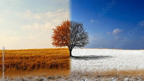A tree stands in a field, half in autumn and half in winter