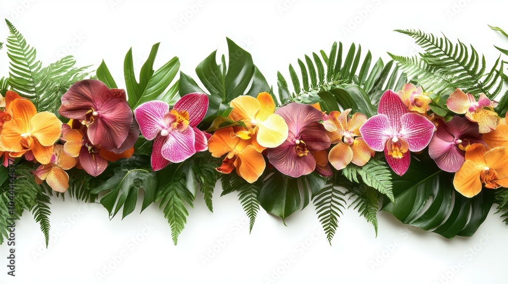 A horizontal garland of tropical orchids mixed with fern, philodendron, and ruscus leaves, arranged elegantly on a white background A horizontal garland of tropical orchids mixed with fern, philodendron, and ruscus leaves, arranged elegantly on a white background