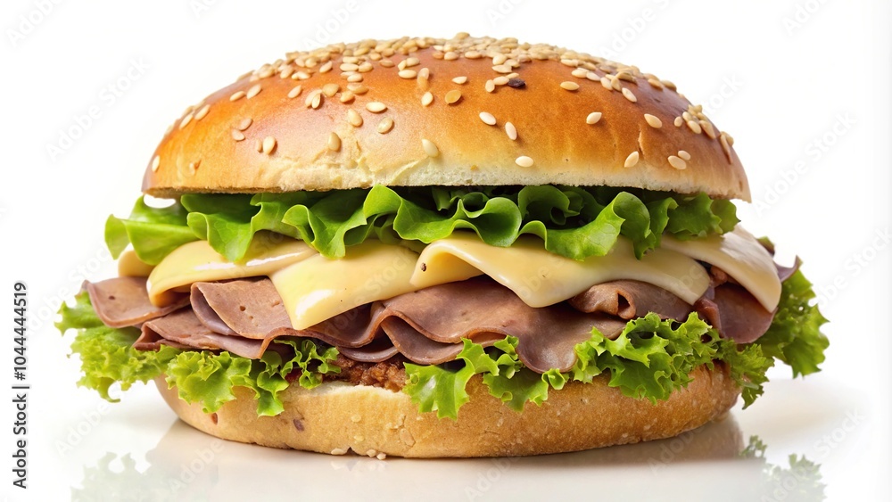 Roast beef sandwich with burger sauce Emmental cheese lettuce sesame seed bread bun isolated on white background Roast beef sandwich with burger sauce Emmental cheese lettuce sesame seed bread bun isolated on white background