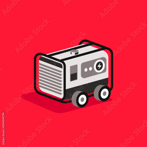 Isometric illustration of a portable generator on wheels, isolated on red background, ideal for power supply and emergency themes.