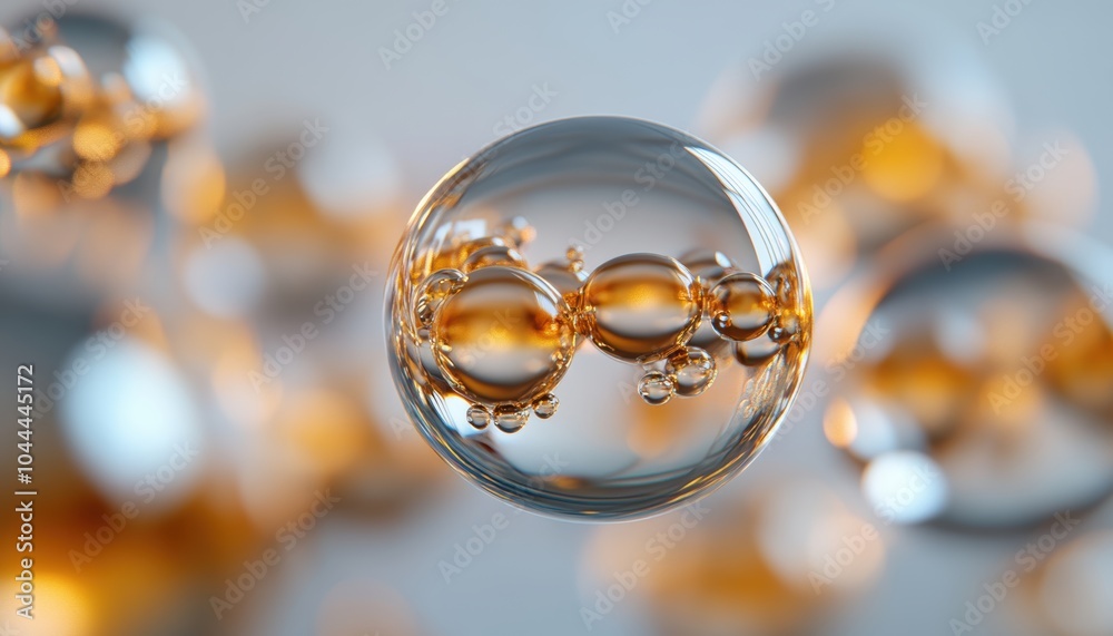 Explore captivating macro photography showcasing transparent golden spheres. This high-fidelity image highlights the elegance and intricate details of light reflections. Explore captivating macro photography showcasing transparent golden spheres. This high-fidelity image highlights the elegance and intricate details of light reflections.