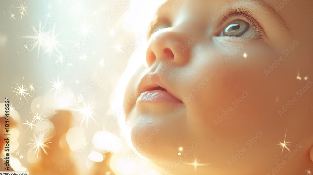 Fototapeta premium Innocence and wonder: inspirational baby portrait with magical light effects for spiritual stories