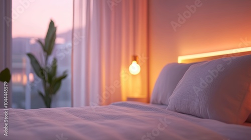 A cozy bedroom featuring soft ambient lighting and a serene atmosphere. Ideal for creating a relaxing space with modern decor and a touch of nature. photo