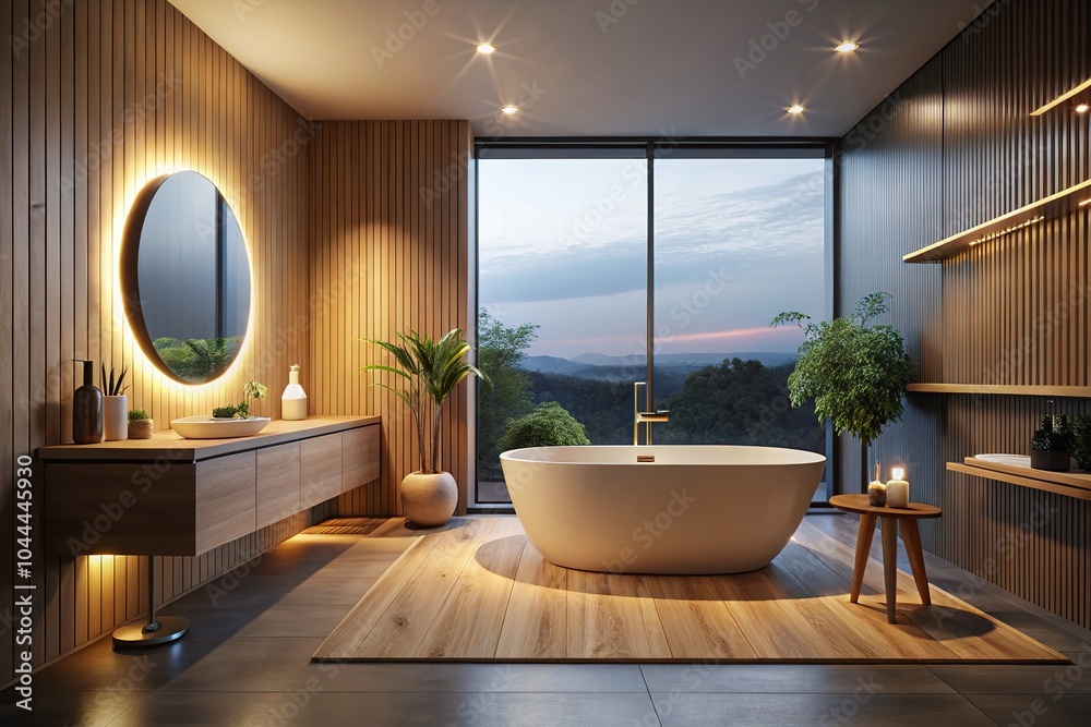 Fototapeta premium This modern minimalist bathroom showcases a stylish wooden vanity, an elegant oval bathtub, and a hot water boiler, bathed in gentle natural light.