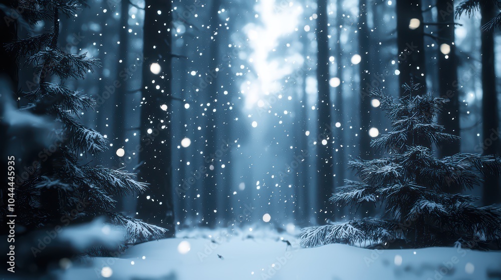 Serene snowy forest with gentle falling snowflakes Serene snowy forest with gentle falling snowflakes