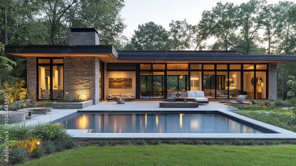 Fototapeta premium Modern home with a pool surrounded by nature at dusk.