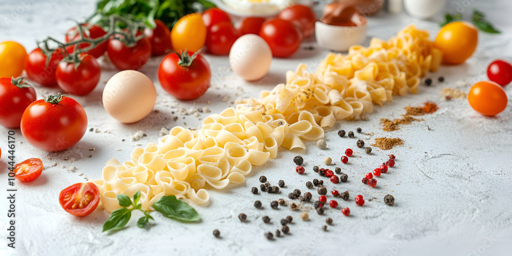 Artistic Presentation of Pasta and Ingredients on White Background Artistic Presentation of Pasta and Ingredients on White Background