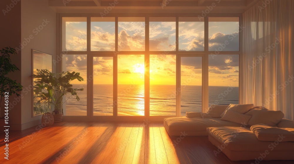 A Modern Living Room with Sunset View from Large Windows A Modern Living Room with Sunset View from Large Windows