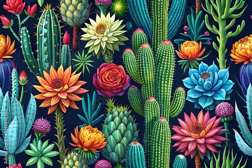 This seamless pattern features a captivating array of Mexican cacti, tropical flowers, and succulents, beautifully rendered in line art on a rich dark background.