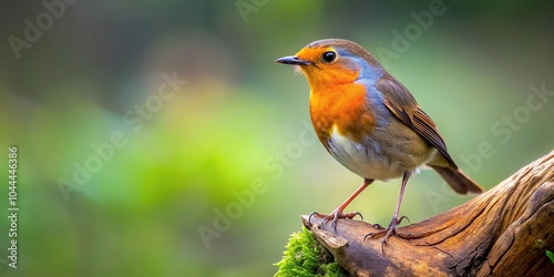 Robin bird perched on tree stump in forest