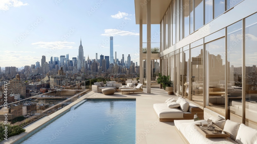 Fototapeta premium Rooftop Pool and Lounge with City Skyline Views