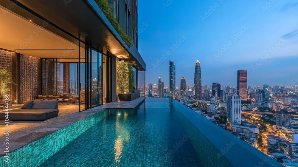 Infinity Pool Overlooking a City Skyline at Dusk Infinity Pool Overlooking a City Skyline at Dusk
