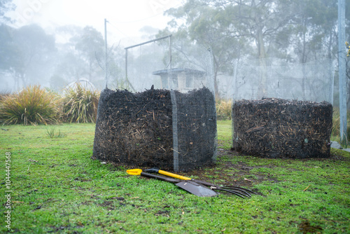 making Compost ring, organic thermophilic compost turning in Tasmania Australia. photo