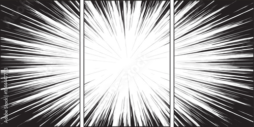 One comic radial speed lines divide in three parts, Anime comics book superhero speed or action texture ink rays, Dynamic manga motion effects with comic style.