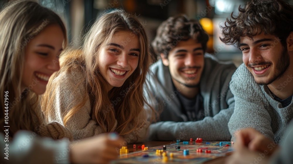 Fototapeta premium Group of friends playing board games in a living room. Featuring fun interaction and social activity. Highlighting entertainment and togetherness. Ideal for social and lifestyle content.