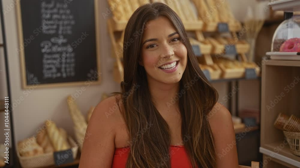 Woman smiling in a bakery, surrounded by bread shelves and a chalkboard menu in the background, showcasing a cozy and inviting interior setting. Woman smiling in a bakery, surrounded by bread shelves and a chalkboard menu in the background, showcasing a cozy and inviting interior setting.