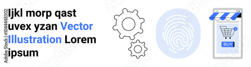 Two gears symbolizing mechanics, a fingerprint representing data privacy and security, and a shopping cart on a mobile screen indicating online shopping. Ideal for e-commerce, digital innovation