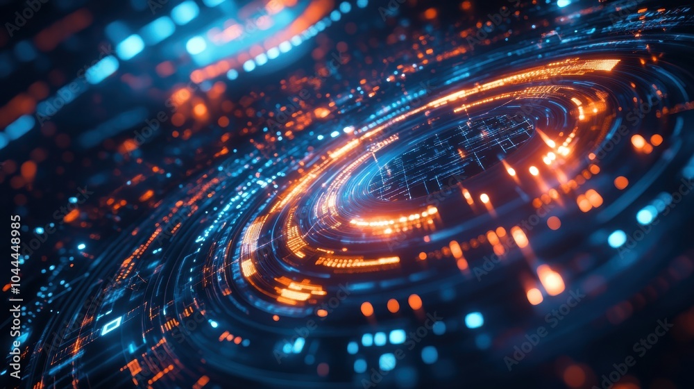 A glowing digital background featuring holographic circles and graphs, symbolizing data analysis and futuristic user interfaces, perfect for business and tech projects