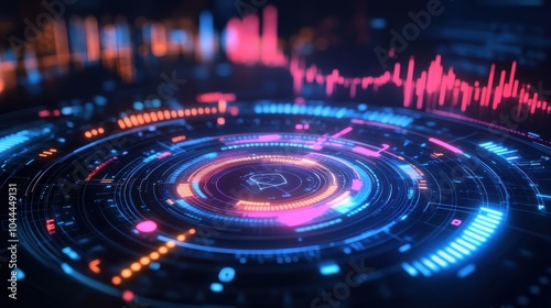 A glowing digital background featuring holographic circles and graphs, symbolizing data analysis and futuristic user interfaces, perfect for business and tech projects