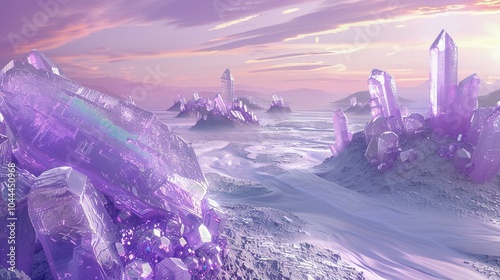 Dreamscapes & Realms: Fantastical Scene Showcased Through Concept Art Featuring Purple Crystal Outcroppings Over Snow-Covered Sand Plains photo