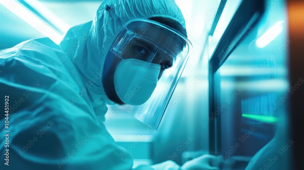 Technician Working in Cleanroom Under Laminar Flow Technician Working in Cleanroom Under Laminar Flow