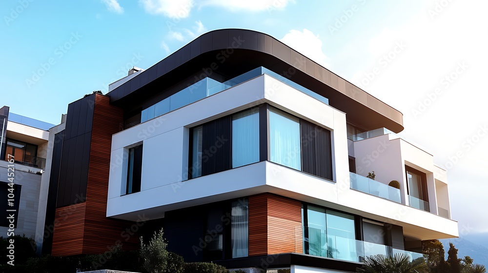 Modern architectural design with a sleek exterior featuring glass, white, and wood paneling. Modern architectural design with a sleek exterior featuring glass, white, and wood paneling.