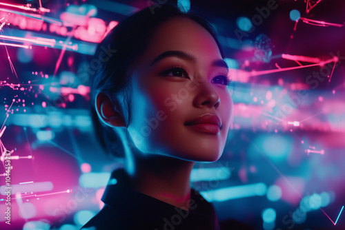 Woman Looking Up with Futuristic Lights