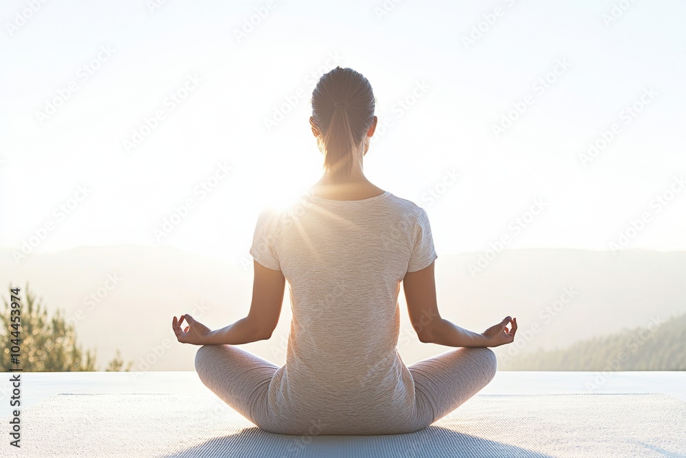 Serenity in Nature Woman Meditates Outdoors at Sunrise Serenity in Nature Woman Meditates Outdoors at Sunrise