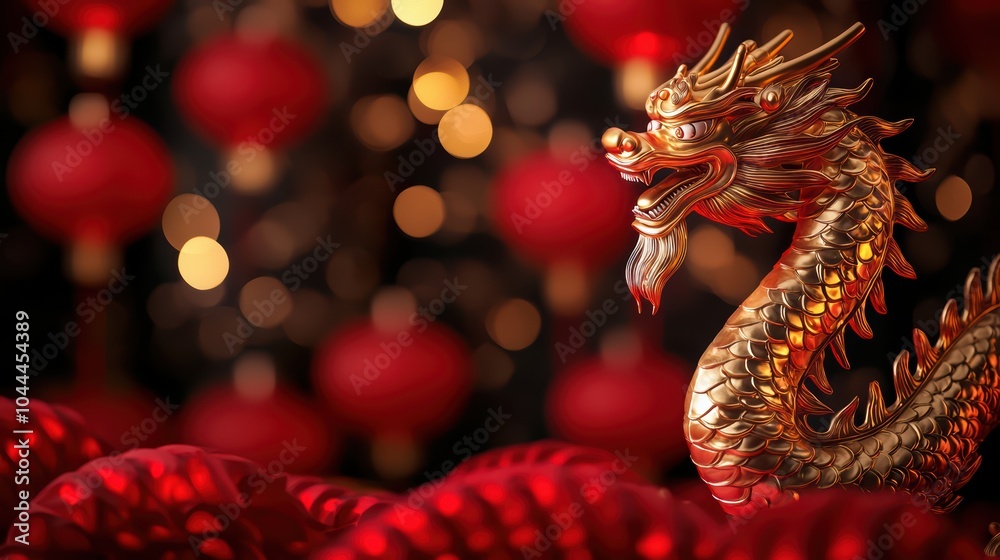 Fototapeta premium Golden dragon amidst festive red lanterns