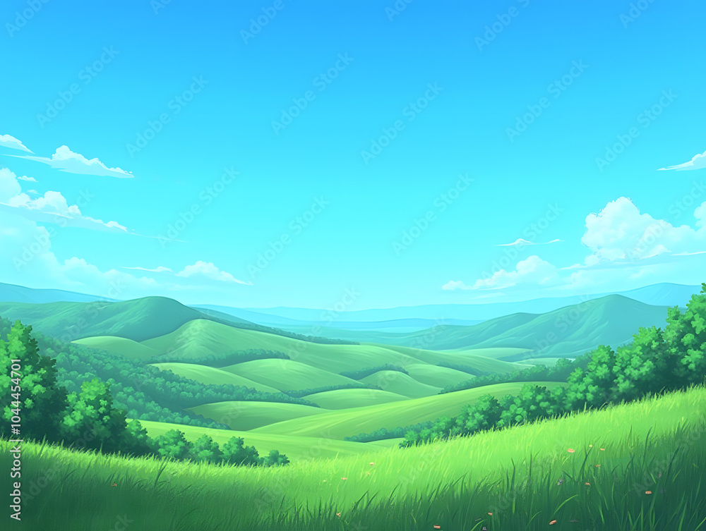 Obraz premium Animated landscape featuring vibrant green hills and lush trees under a bright blue sky.