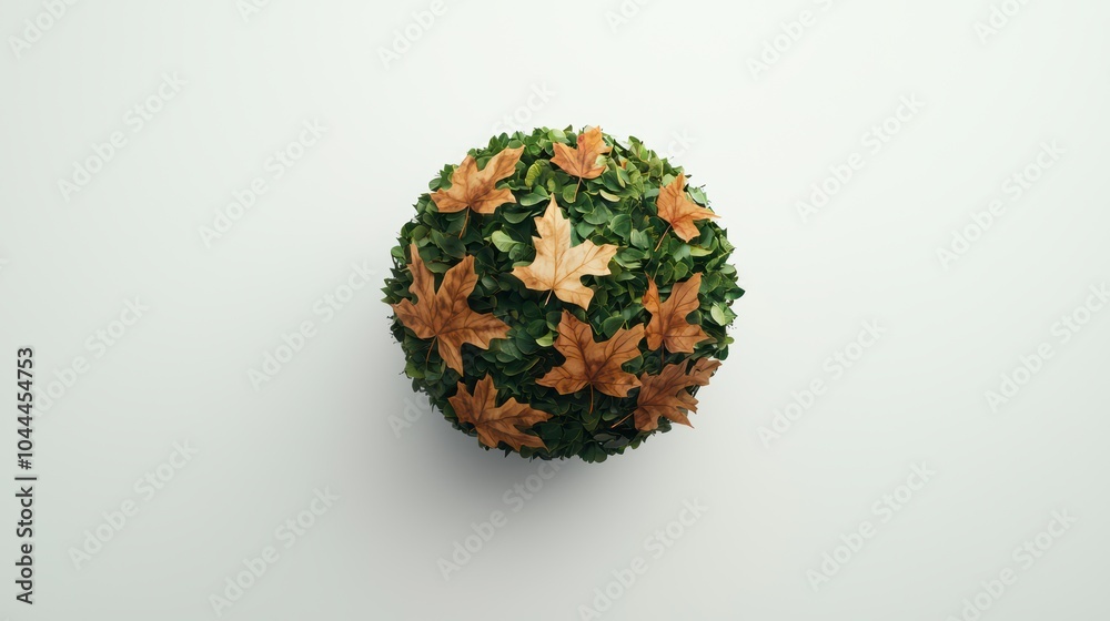 Artistic representation of a spherical green plant with autumn leaves Artistic representation of a spherical green plant with autumn leaves