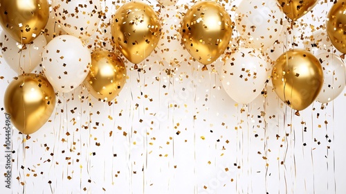 Luxury festive background with gold balloons and scattered golden confetti on white background, Premium background for a festive birthday celebration.