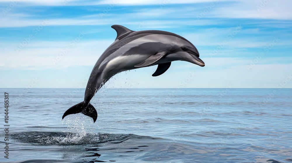 A joyful dolphin leaping through the waves under a bright blue sky. A joyful dolphin leaping through the waves under a bright blue sky.